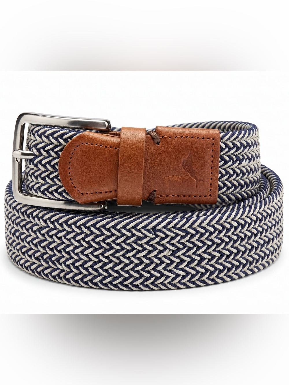 Tommy Bahama Men’s Woven Braided Webbed Nautical Navy Blue Belt Brown Leather